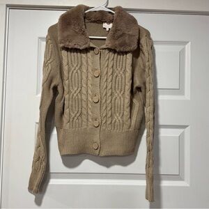 Entro Tan Cable Knit Cardigan with Faux Fur Collar